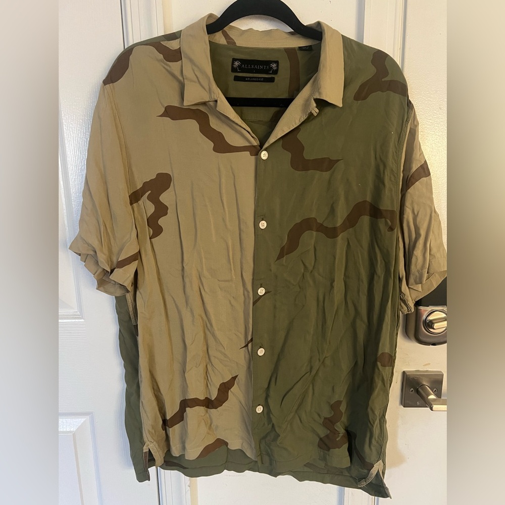 Men’s All Saints Camouflage Button Down Shirt Size Large - Green and Tan